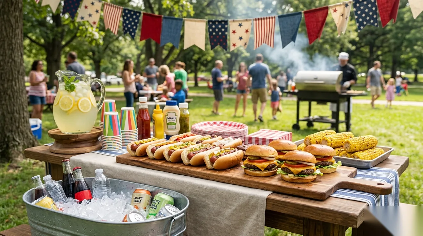 Hot dogs, hamburgers, and drinks spread